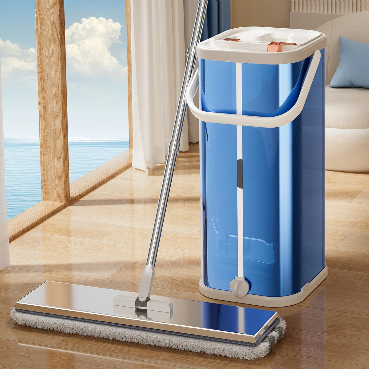 BASSFLY Flat Mop and Bucket with Wringer Set Blue Separates Dirty and Clean Water Stainless Steel Mop Wet and Dry Use MegaBDM