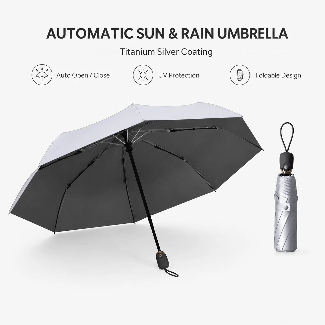 Automatic Sun & Rain Umbrella Titanium Silver Coating UV Protection Windproof Foldable Umbrella with Custom Logo Bulk