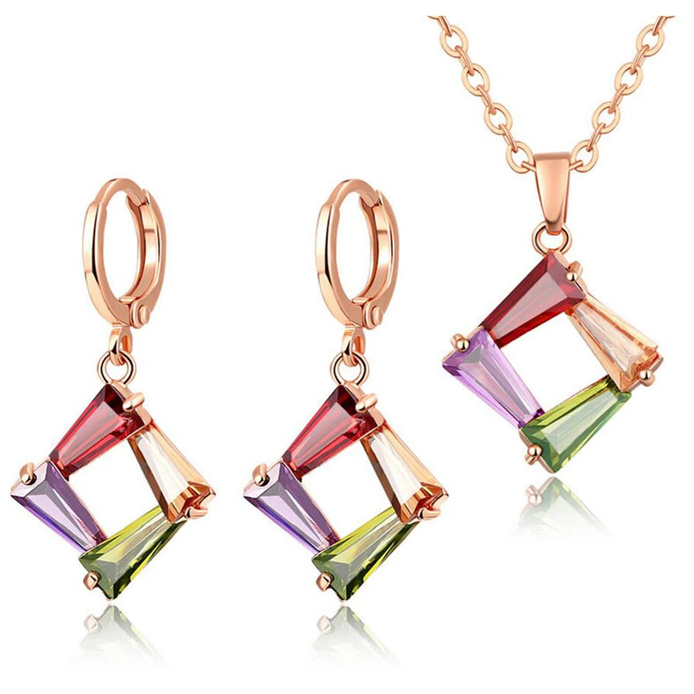 New Arrival Rose Gold Color Jewelry Sets Fashion Multi-Color Zircon Stone Necklace Earring Set Wedding & Engagement Jewelry