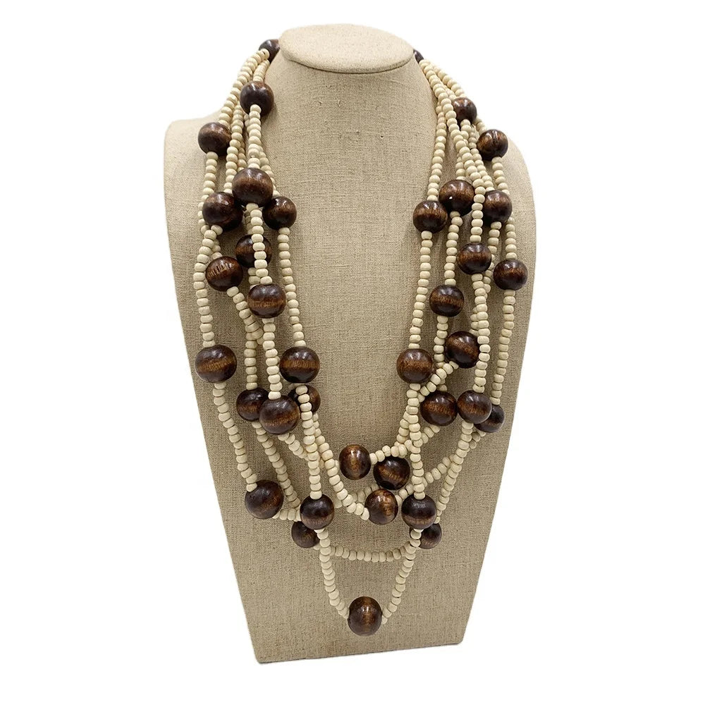 Natural Brown Neutral 2023 Trendy Vintage Rhodium Plated Wood Beads Multi Strands Long Necklaces Unisex for Party & Gift
