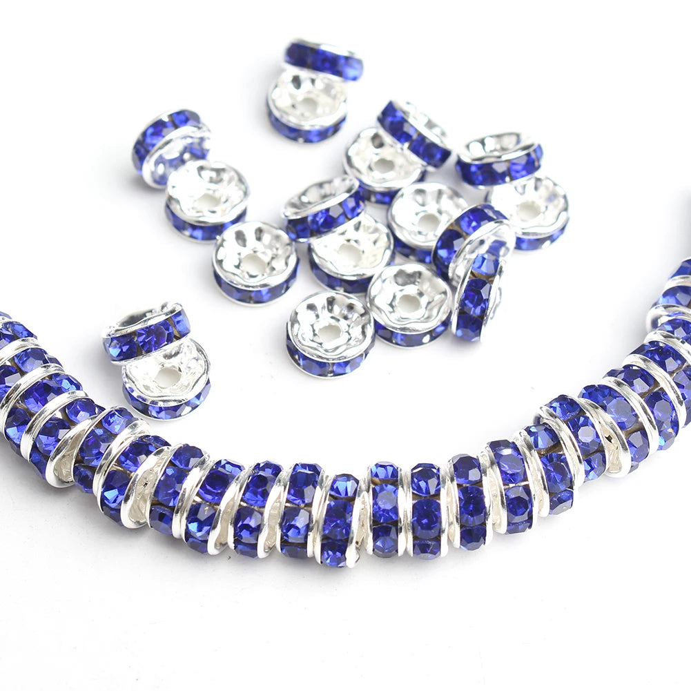 Wholesale 100pcs/bag 6/8mm Blue Metal Color Crystal Rhinestone Rondelle Spacer Beads for DIY Jewelry Making