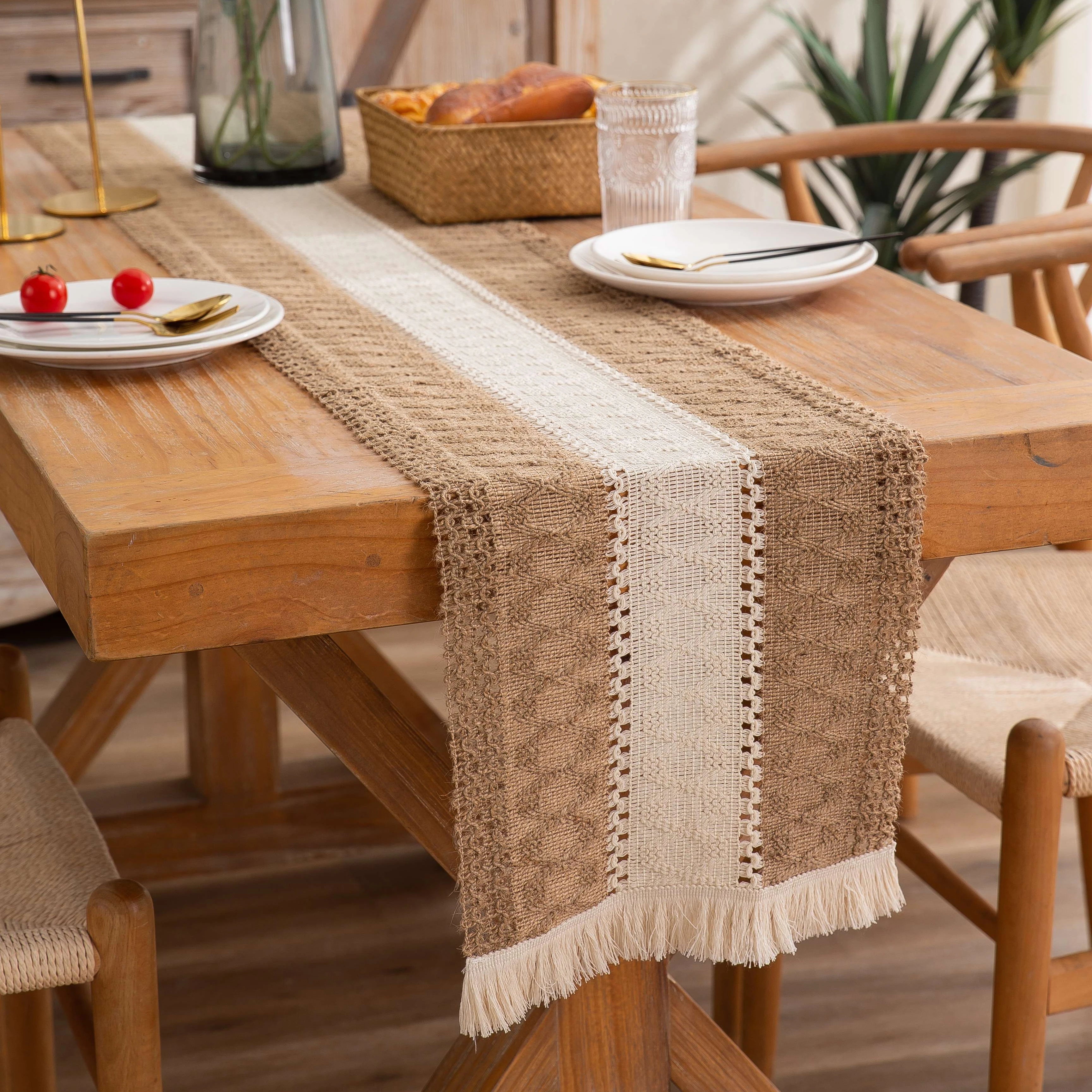 Splicing Retro Cotton Jute Dinning Room Decorative Table Runner Natural America Countryside Style Jute Cotton Woven Table Cloth