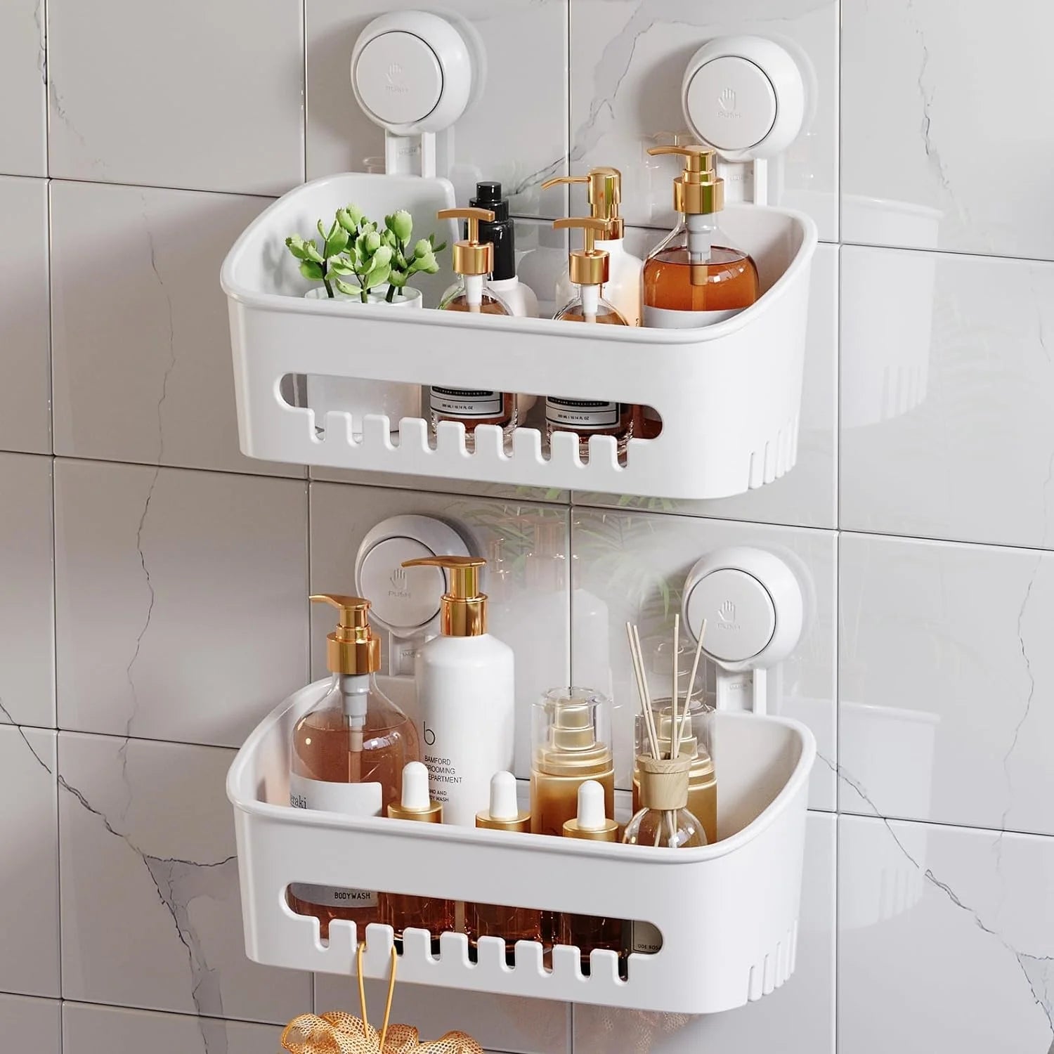 Customizable Wall-Mounted No Drilling Bathroom Organizer Basket Shelf Bathroom Shower Caddy Suction Cup Plastic Shower Caddy