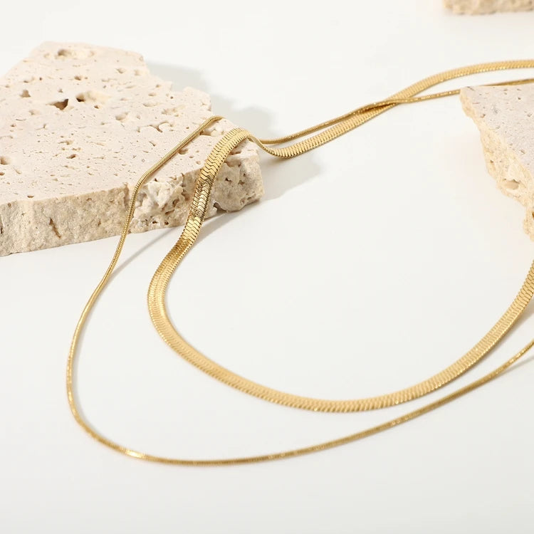 Stainless Steel  Layered Herringbone Chain Necklace 18K PVD  Plated Double Snake Chain Chocker Necklaces for Women