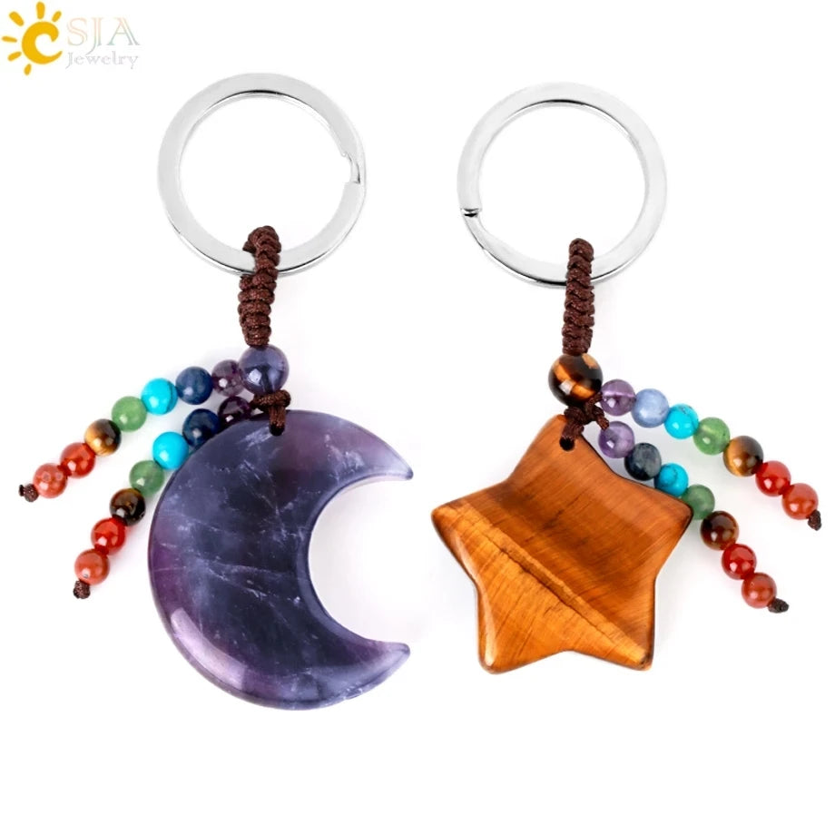 CSJA Wholesale Price Crystal Crafts Keyring Chakra Natural Moon Star Shape Gemstone Keychain for Car Key Bag Decor G850
