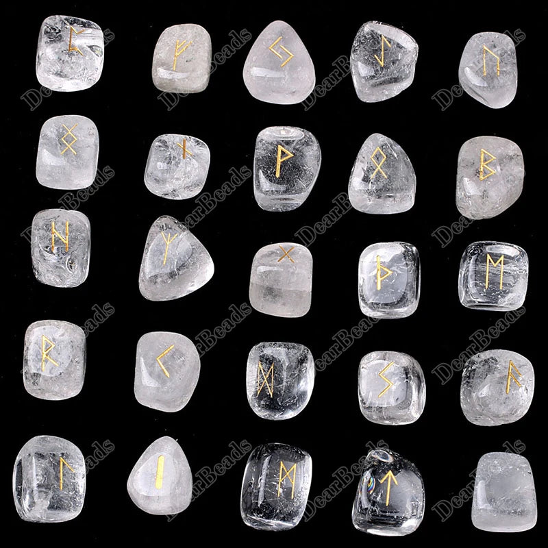 Natural Engraved Runes Futhorc 25 Gemstone Clear Quartz Set Crystal Divination Meditating Stone Set
