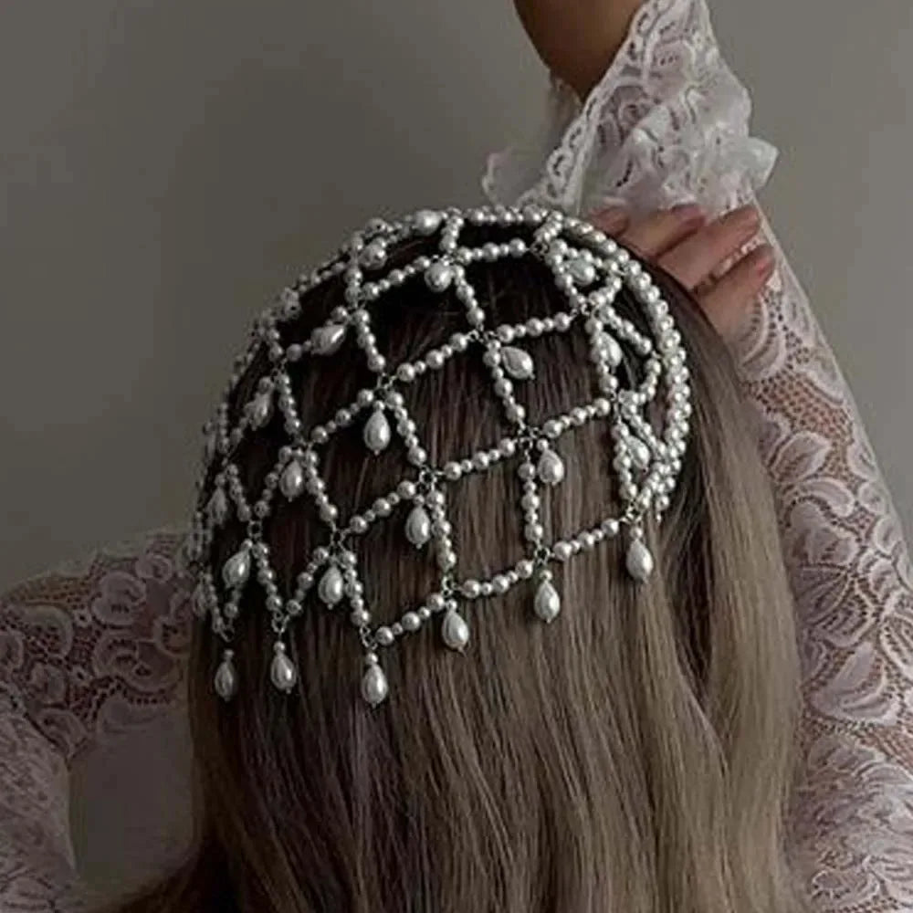 Girls Headbands Mesh Hat Headband Pearl Decor Stylish Fashion Headwear for Women Girls
