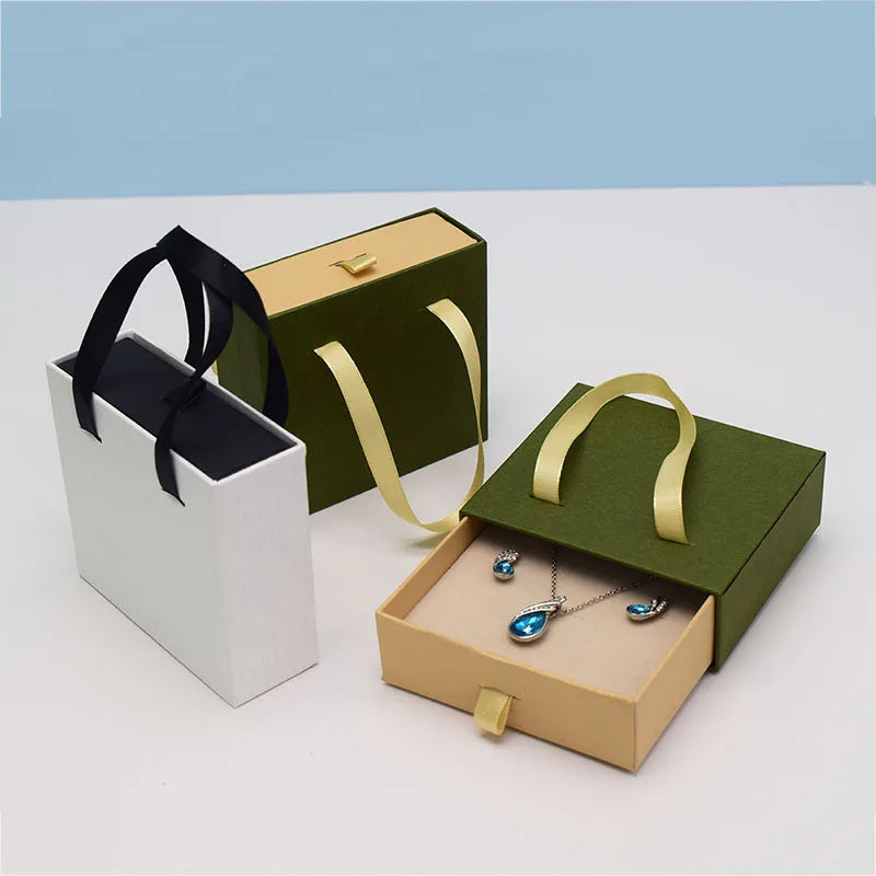 Wholesale Custom Rectangle Sliding Drawers Luxury Jewelry Packaging Gift Box Paper Slider with Necklace Handle