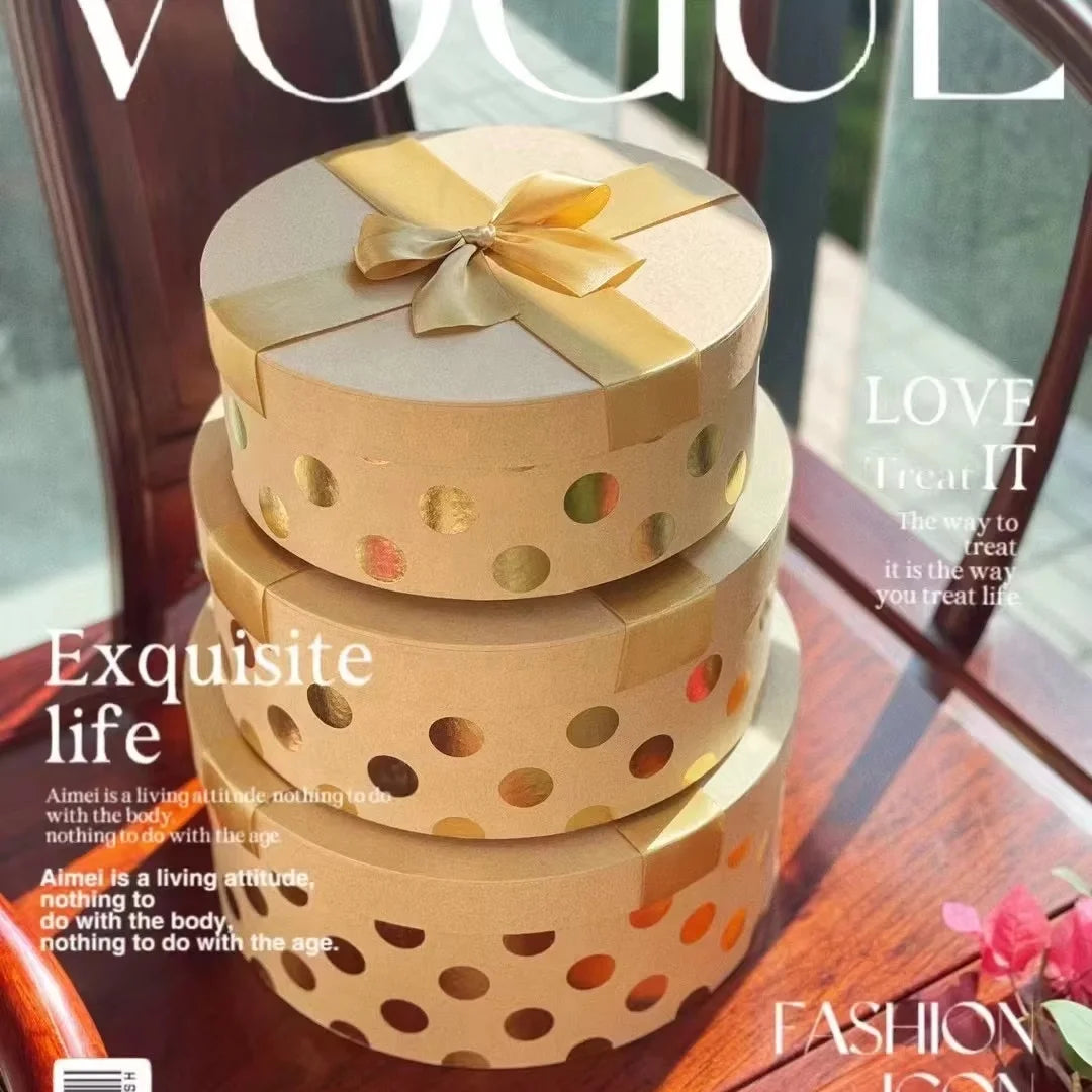 Stock (custom Accepted)  Cowhide Color Hot Gold Polka Dots 3 Sets of Round Flower Box Flower Gift Box Package Box with Bow