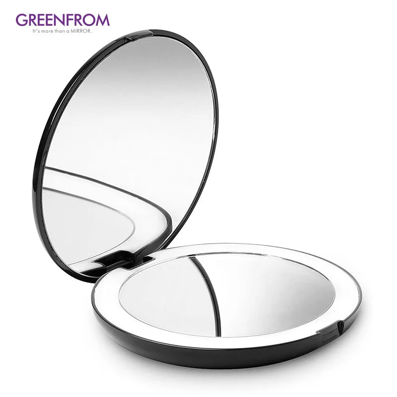 Button Switch Foldable Plastic Private Label Compact Custom Pocket Makeup Mirror With Led Lights