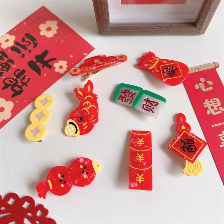 New Year's Women's Red Acetate Hairpin Side Bangs and Forehead Duck Beak Clip God Fortune Fukubukuro Hairclip