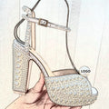 Customize Women White Chunky Heel 11.5cm Shoes with Pearls Wedding Shoes for Brides Sandals OEM Factory