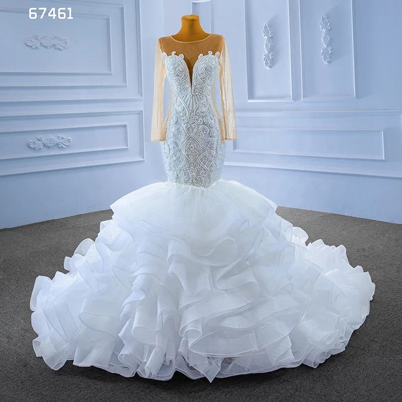 Rsm67461 Mermaid Wedding Dresses 2022 Luxury Long Sleeve Lace Beaded Cake Dress Bridal Dress