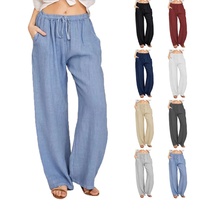 Fitspi  Casual Cotton and Linen Loose Yoga Pants Solid Color High Waist Plus Size Women's Trousers