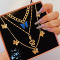 2022 Fashion Retro Long Adjustable Gold Plated Necklace Blue Snake Multilayer Necklace Three Floors Butterfly Necklace for Women