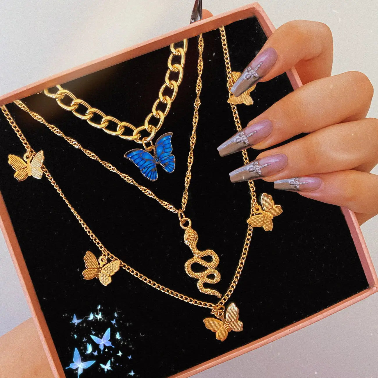 2022 Fashion Retro Long Adjustable Gold Plated Necklace Blue Snake Multilayer Necklace Three Floors Butterfly Necklace for Women
