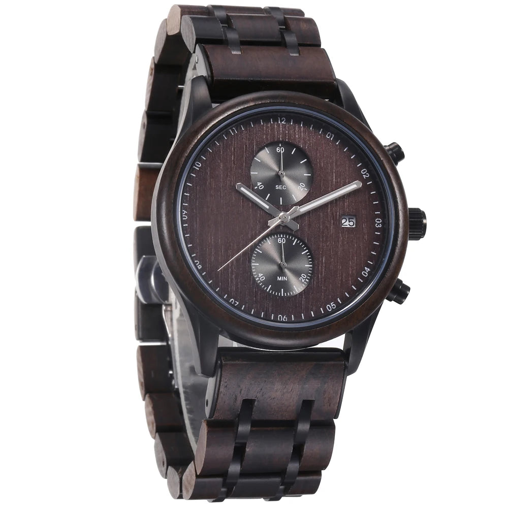 TJW Luxury Men's 42mm Dial Wooden Watch Seiko VD51 Movement 22mm Band Width Business Charm 3bar Water Resistance Depth Pointer