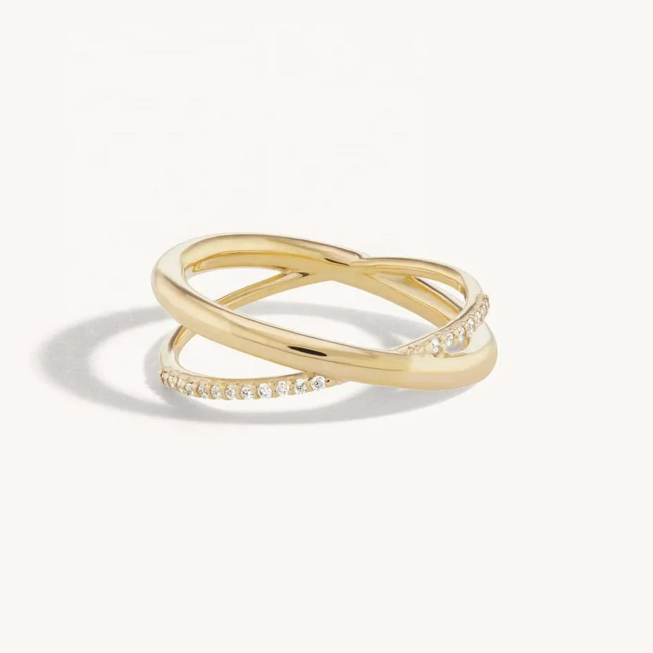 LOZRUNVE 18k Gold Jewelry Real 925 Silver Half Pave Band Crossover Ring Women