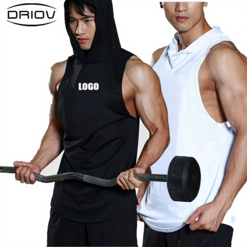New Custom Logo Workout Hooded Tank Tops Bodybuilding Muscle Men's Sleeveless Gym Hoodie Cut Off T Shirt
