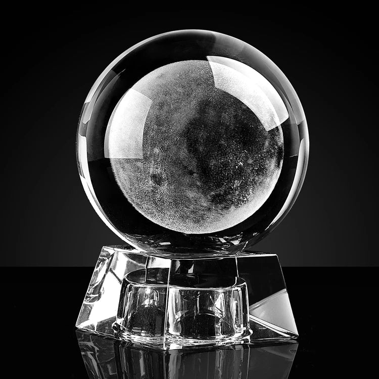 Shining Honor K9 Crystal Clear Glass Ball with 3D Laser Engraved Moon for Christmas Mother's Day Decor with Good Base Stand