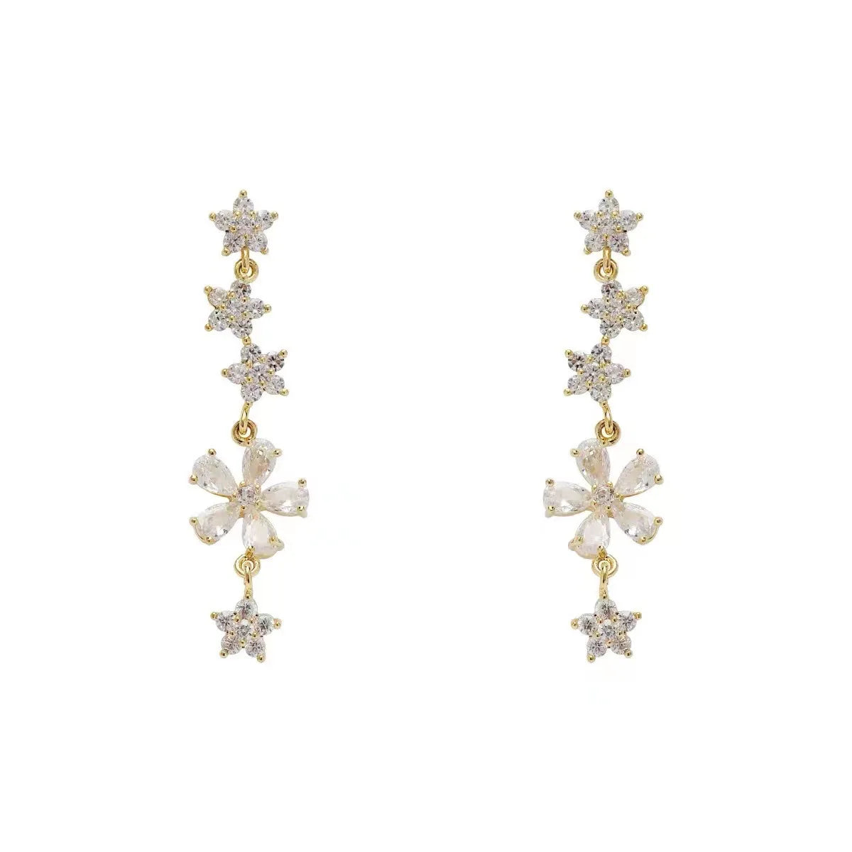 AA00529 Retro Gold Plated Flower Shape Cubic Zircon Stud Earrings 925 Sterling Silver Tassel Earrings for Women