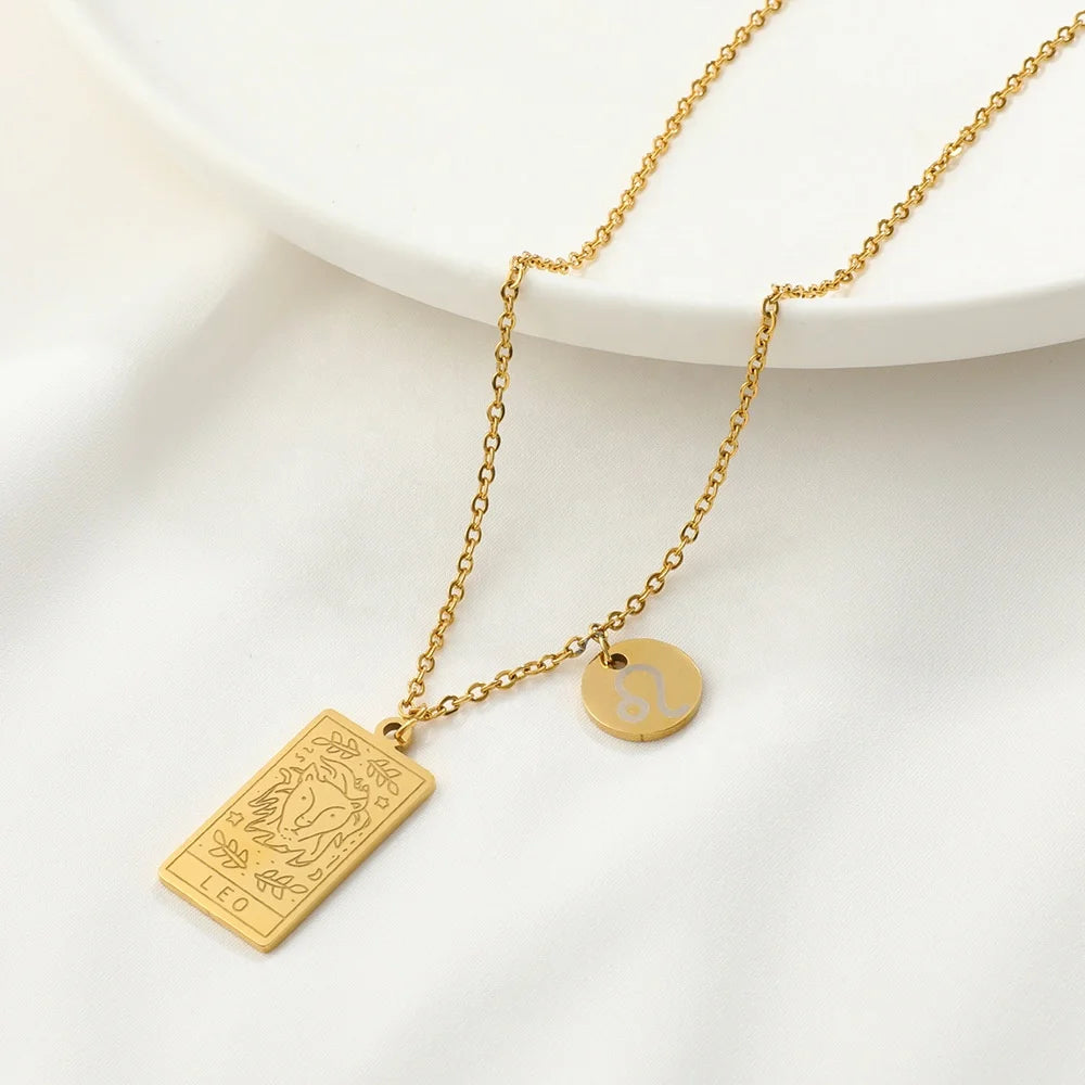18k Pvd Gold Double Side 12 Zodiac Sign Necklace Pendants Stainless Steel Necklace Jewelry