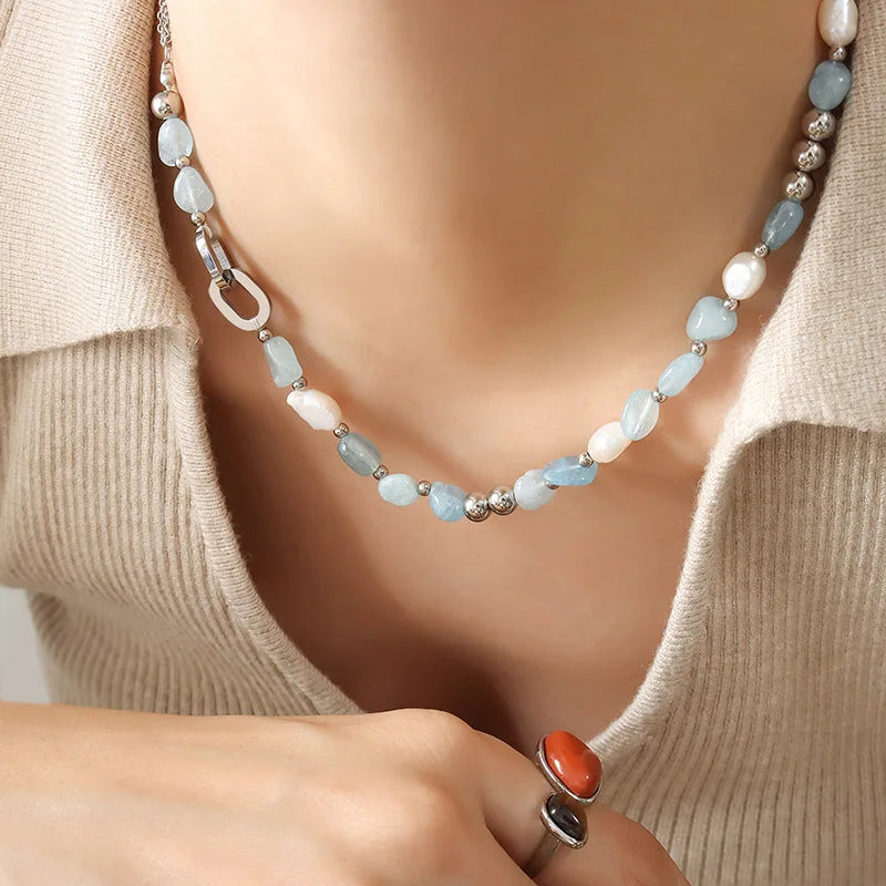 Unique Design New Fashion Stainless Steel Lade Beads Freshwater Pearl Blue Natural Stone Choker Necklace Women Girl Gift P1302