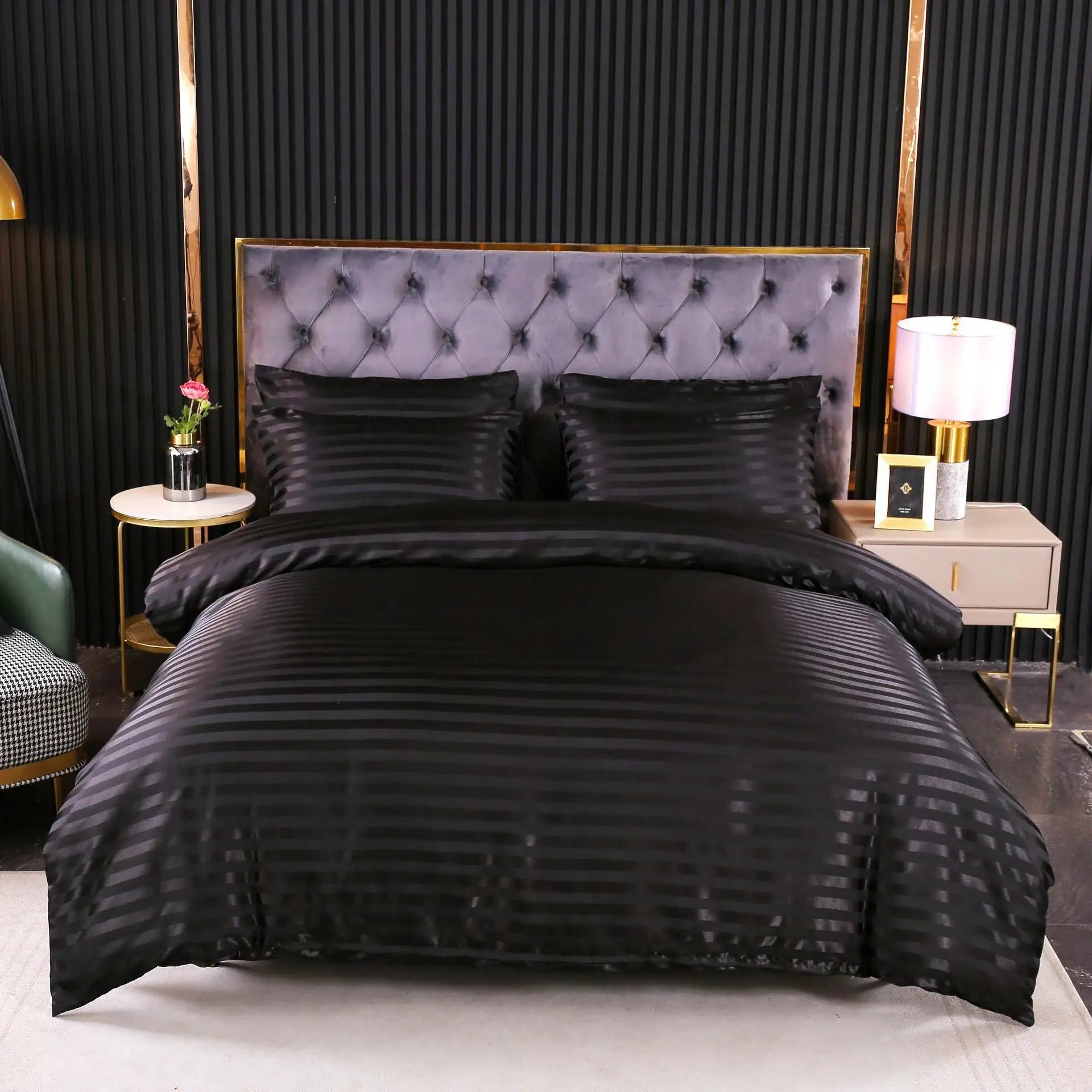 Luxury Satin Silk Hotel Bedding Sets New Arrival 100% Polyester Modern Striped Duvet Cover for Queen/King Size Purple for Home