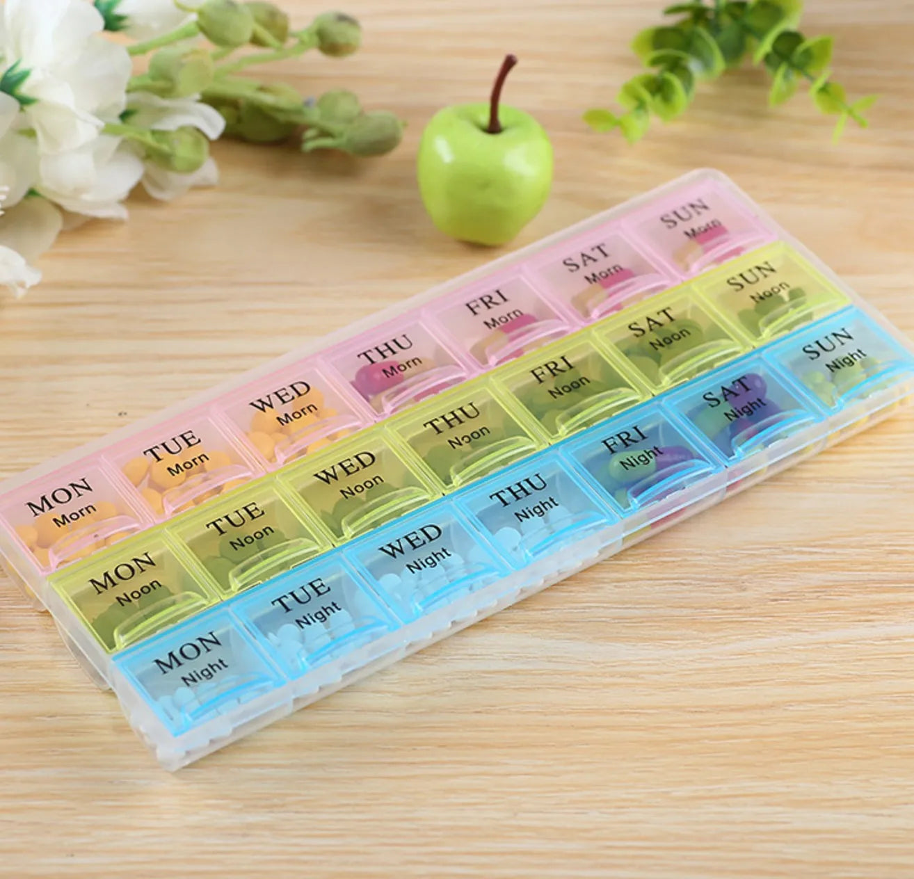U+ Rainbow 7-Day Moisture-Proof Pill Organizer 21 Case Weekly Container PP Plastic Medicine Holder Outdoor & Home Use Pill Box