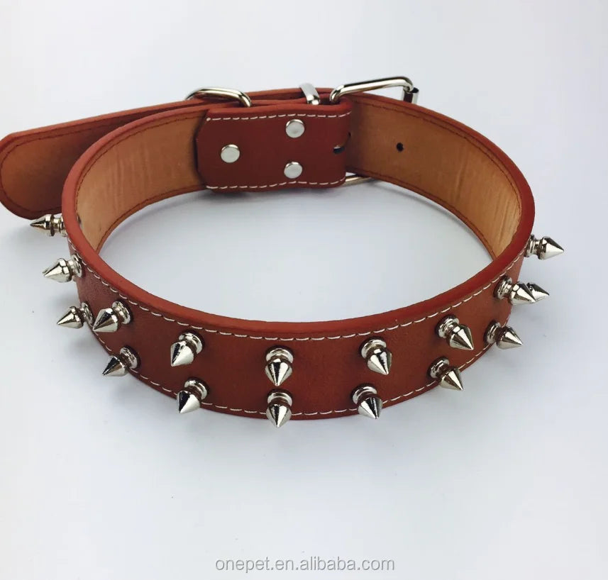 Personalized Leather Dog Collar with Wide Rivet Studded Spikes Elegant Classic Tactical Style Features for Cats