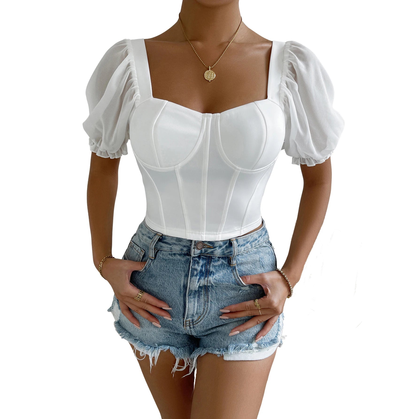 Summer Short Square Collar Top Women Bubble Sleeve Slim Sleeve Sleeve