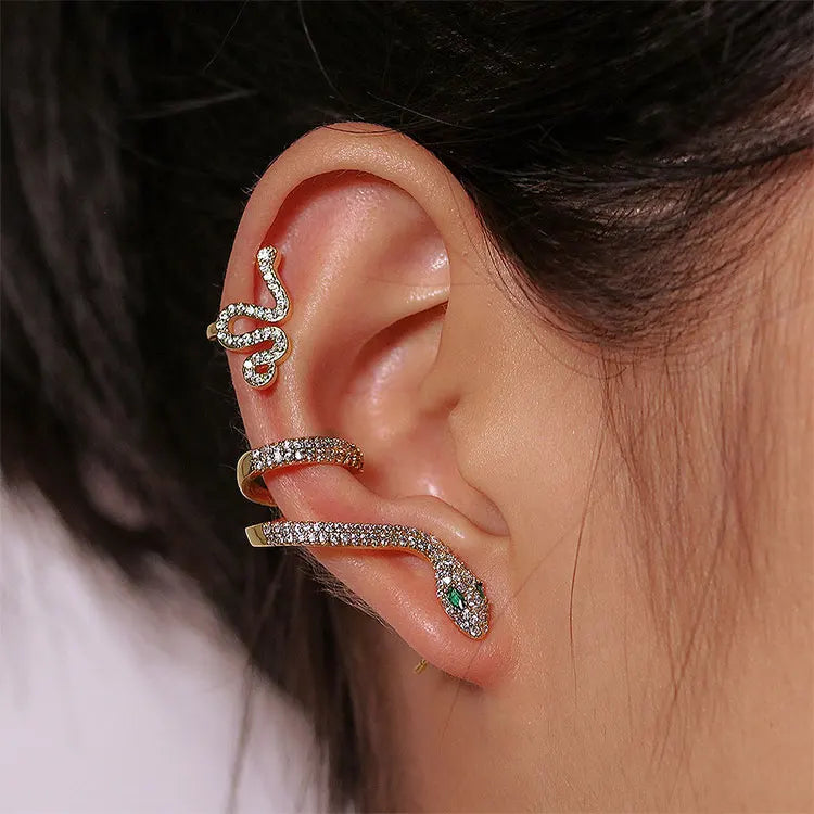 Vintage Snake Ear Cuff Earrings Realistic 3D Animal Snake Stud Earrings 2pcs Full Diamond Gold Snake Clip on Earrings Set
