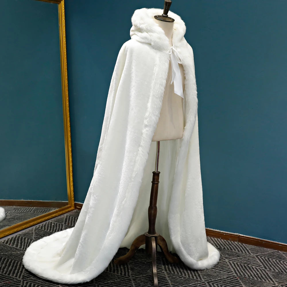 Winter Jacket Long Warm Wedding Capes White Cloak Floor Length Bride Shawl Faux Fur Cape Coat Adult Bridal Wrap