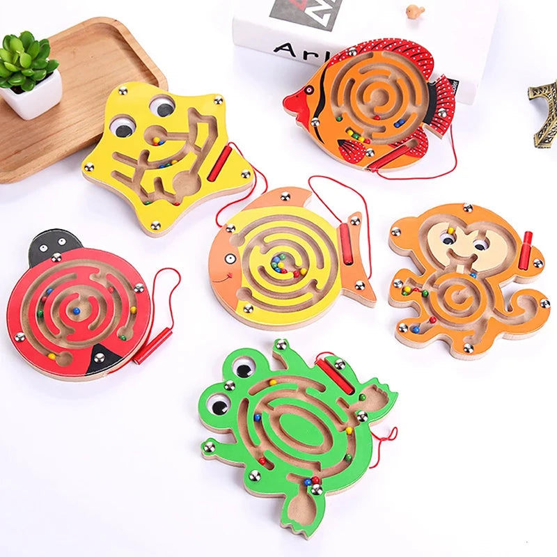Wooden Magnetic Track Maze Toy Cute Animal Wooden Toy Brain Teaser Intellectual Jigsaw Board Kids Early Educational Puzzle Game