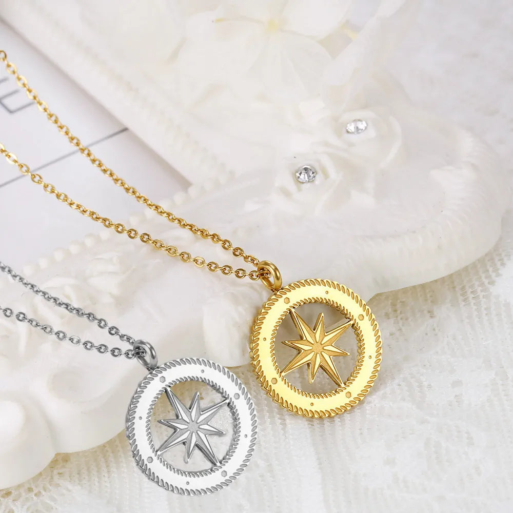Dainty Gold Plated North Star Necklace Stainless Steel Women Men Jewelry Round Disc Coin Compass Pendant Necklace