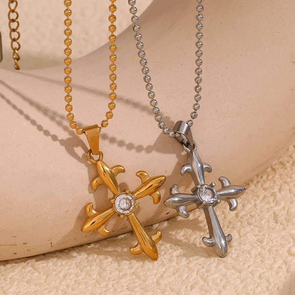 Trendy 18K Gold Plated Vintage Cross Pendant Necklace for Women Stainless Steel Zircon Insert Waterproof Jewelry featuring Beads