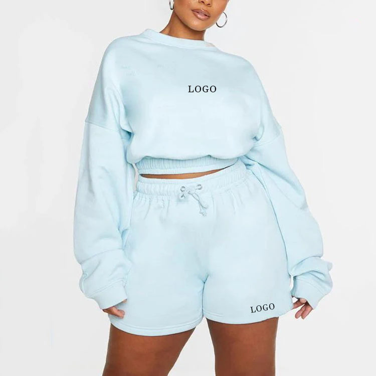 L230637 Custom Active Jogger Suit Training Sweatsuit Oversize Sweat Crop Jumper Shorts Women's Two Piece Shorts Set Plus Size