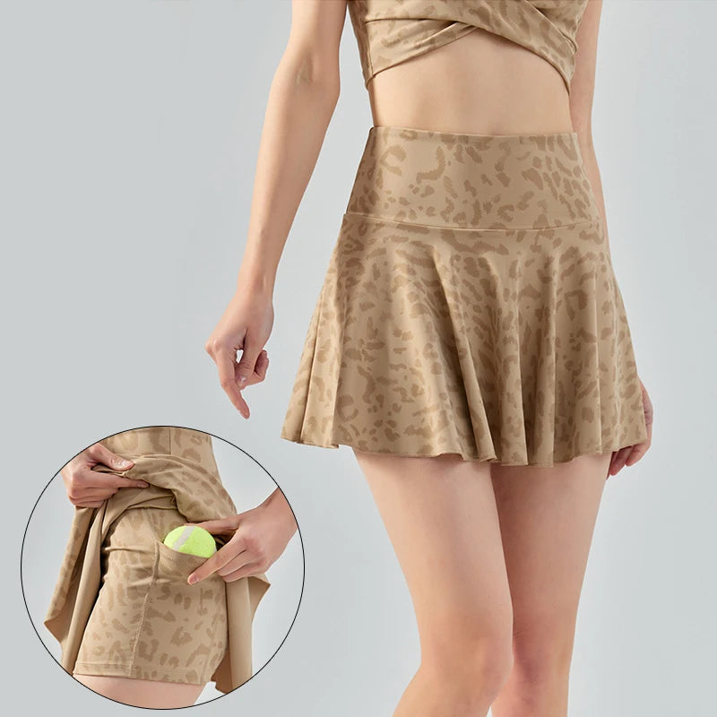 Quick Dry Leopard Print High Waist 2-in-1 Mini Tennis Skirt Women Outdoor Sportswear Golf Apparel With Side Pocket Shorts Skirt