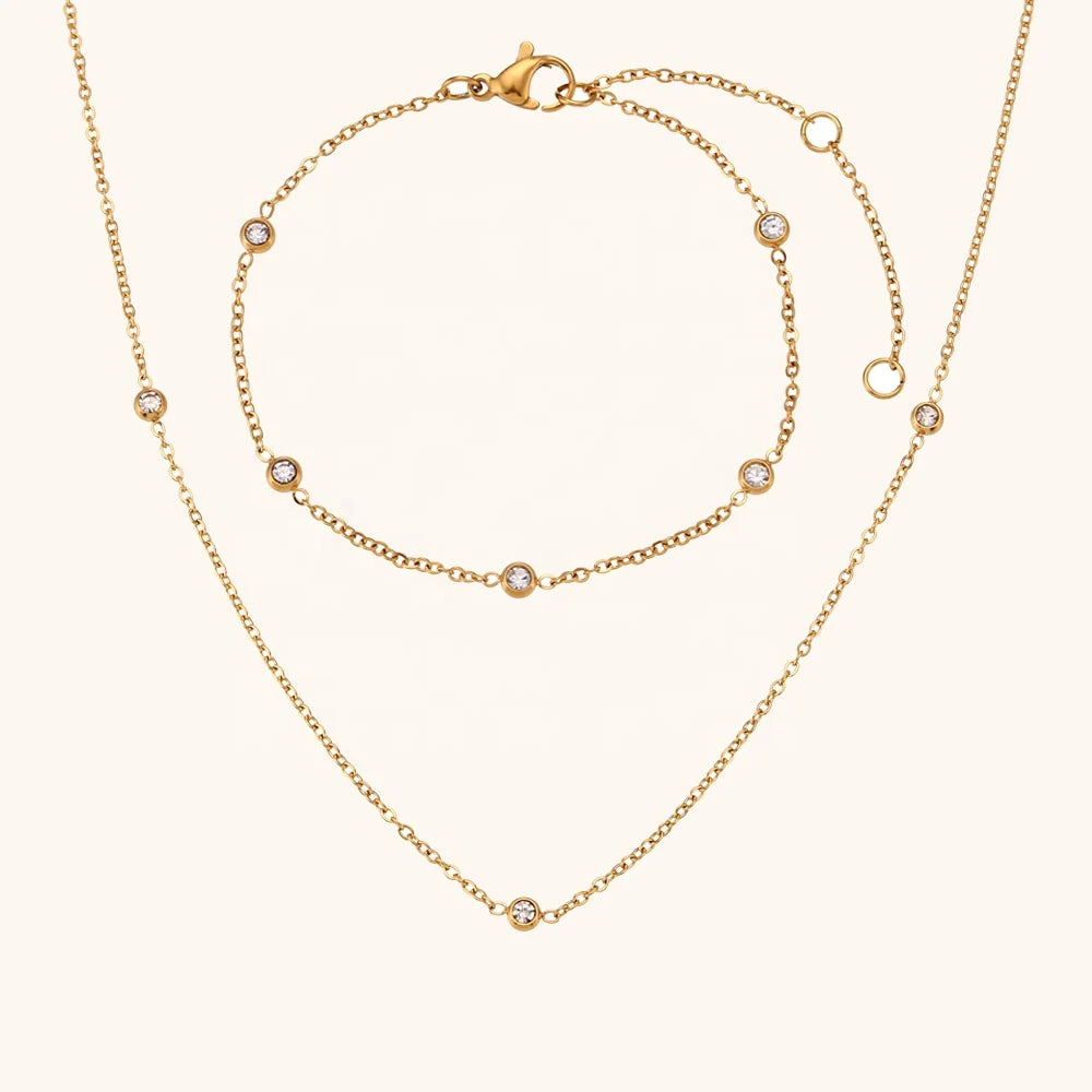 Dingran Fashion Stainless Steel Jewelry Set 18k Gold Plated Zircon Necklace and Bracelet Set for Women