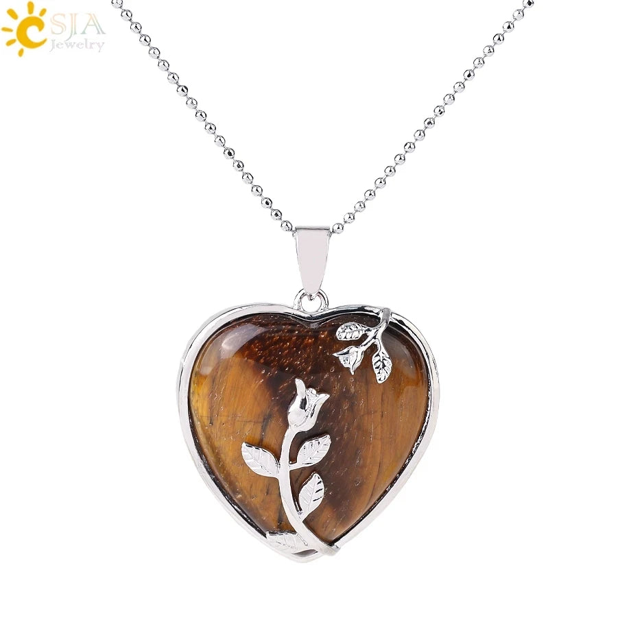 CSJA Wholesale Rose Flower Natural Tiger Eye Stone Healing Heart Pendant Crystals Quartz Necklace Jewelry for Women Gifts G941
