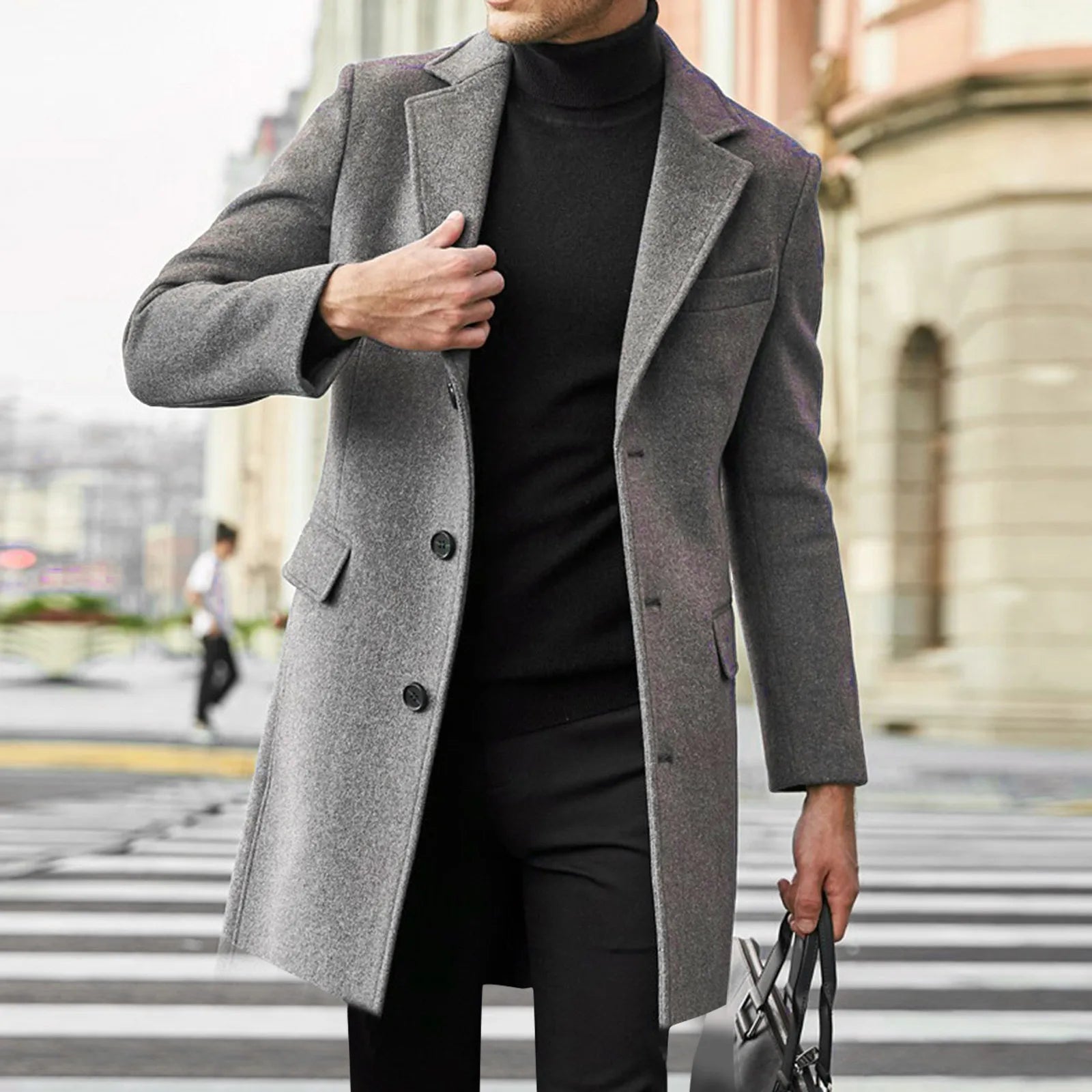 Autumn and Winter New Single-Breasted Trench Coat Casual Men's Grey Wool Overcoat