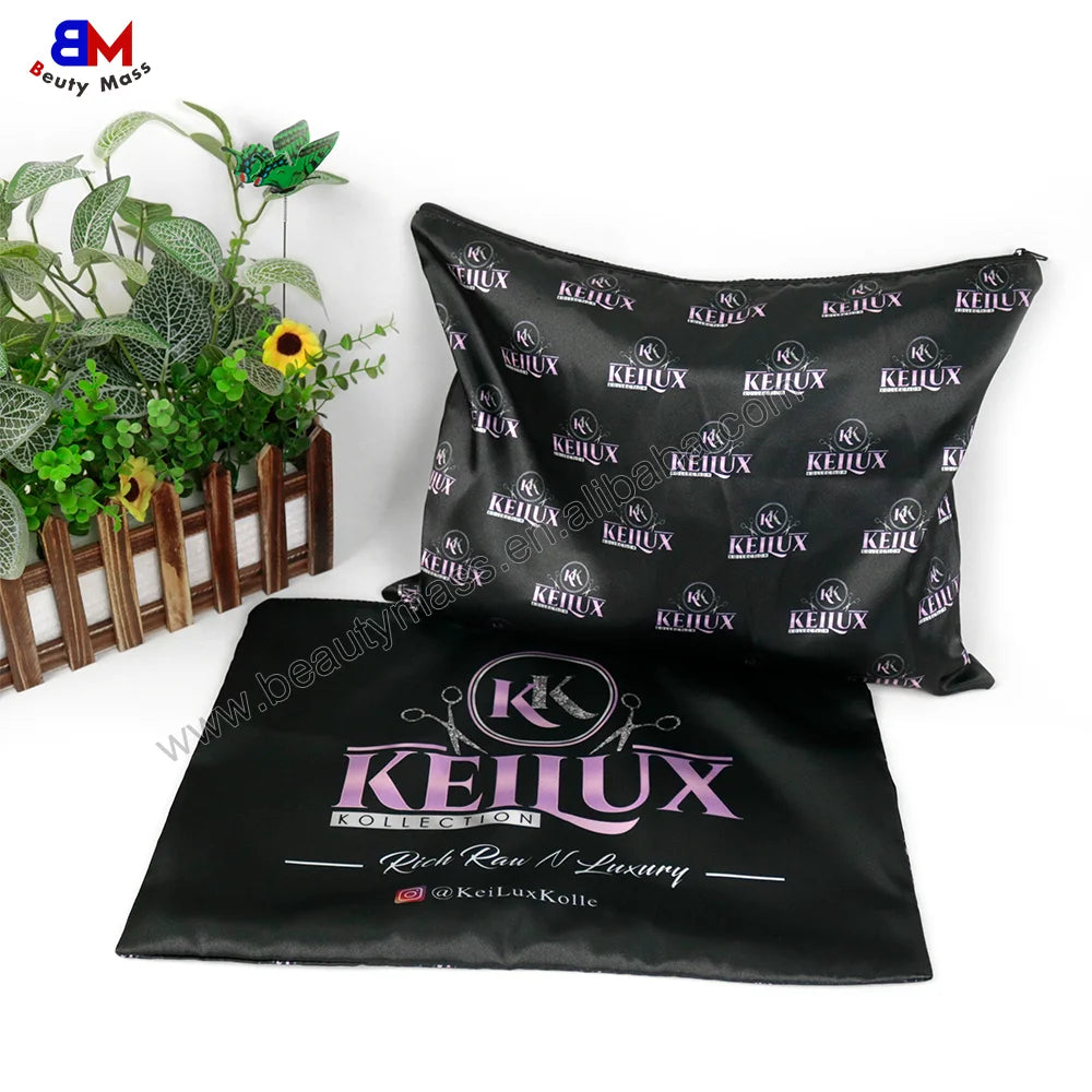 Custom Logo Bags Packaging Zipper Hair Bundle Satin Bag Logo Printed Satin Colorful Satin Zip Bags
