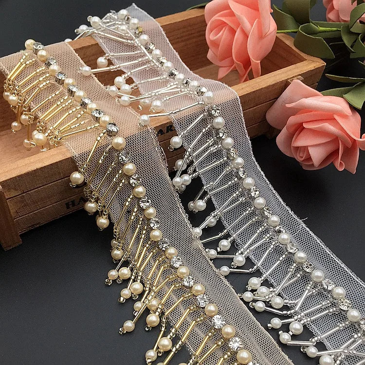 White/blacl/gold Fabric Handmade Sewing Craft Material Cloth Pearl Beaded Lace Ribbon Tape Trim