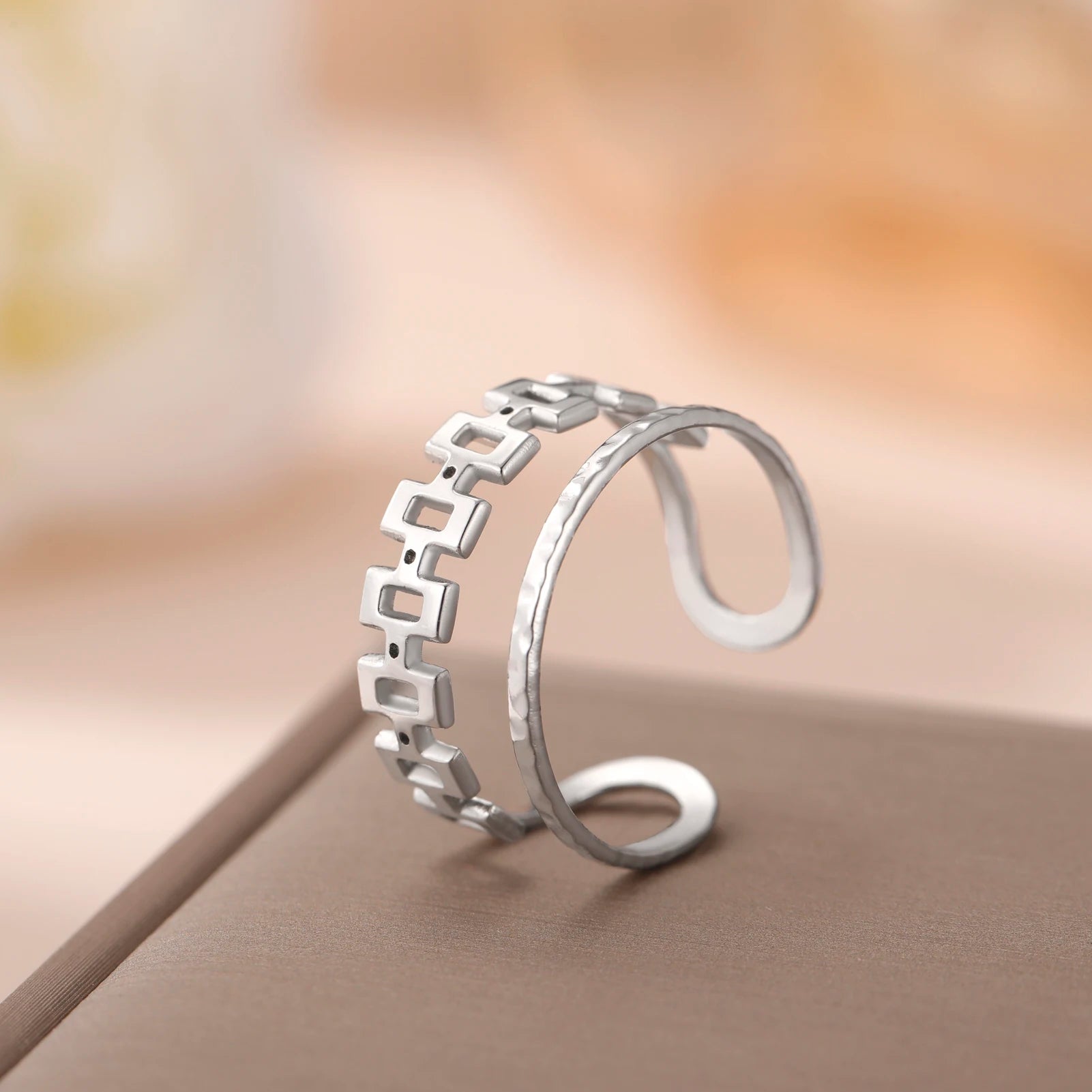 Trendy Hollow Rectangle Gold Finger Ring  Stainless Steel Adjustable Ring for Women Party Jewelry Gifts for Girls