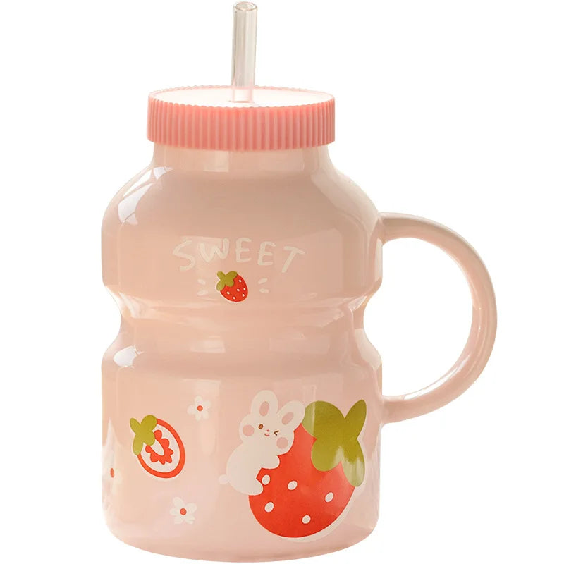 Madou New Product 420Ml Creative Kawaii Cute Straw Marker Cup With Lid Handle Ceramic Mug Breakfast Milk Cup Water Mugs