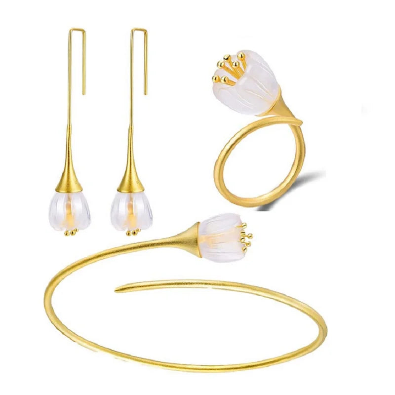 Minimalism Design 18K Gold Plated 925 Sterling Silver Crystal Flower Handmade Fine Earring  Ring Bracelet Jewelry Sets for Women