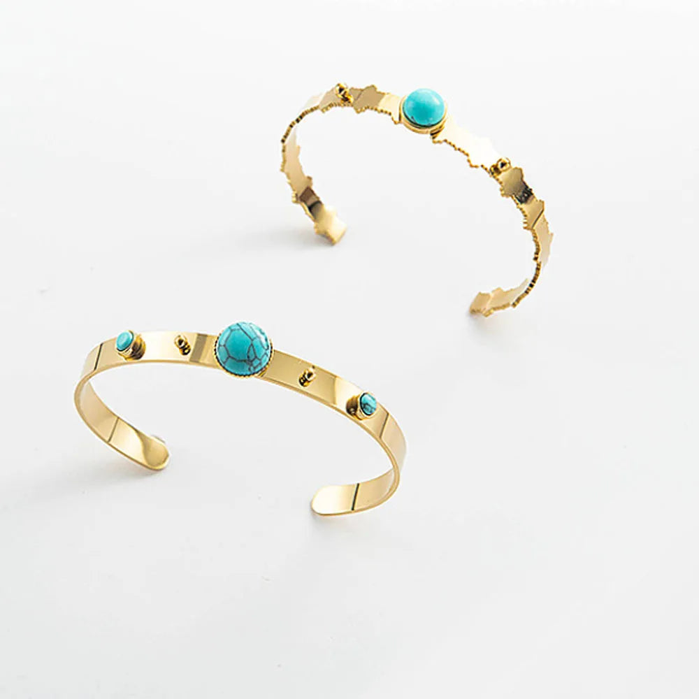 Trendy Roman Stainless Steel 18k Gold Plated Open Cuff Turquoise Stone Charm Geometric Bangle Bracelet Jewelry for Women