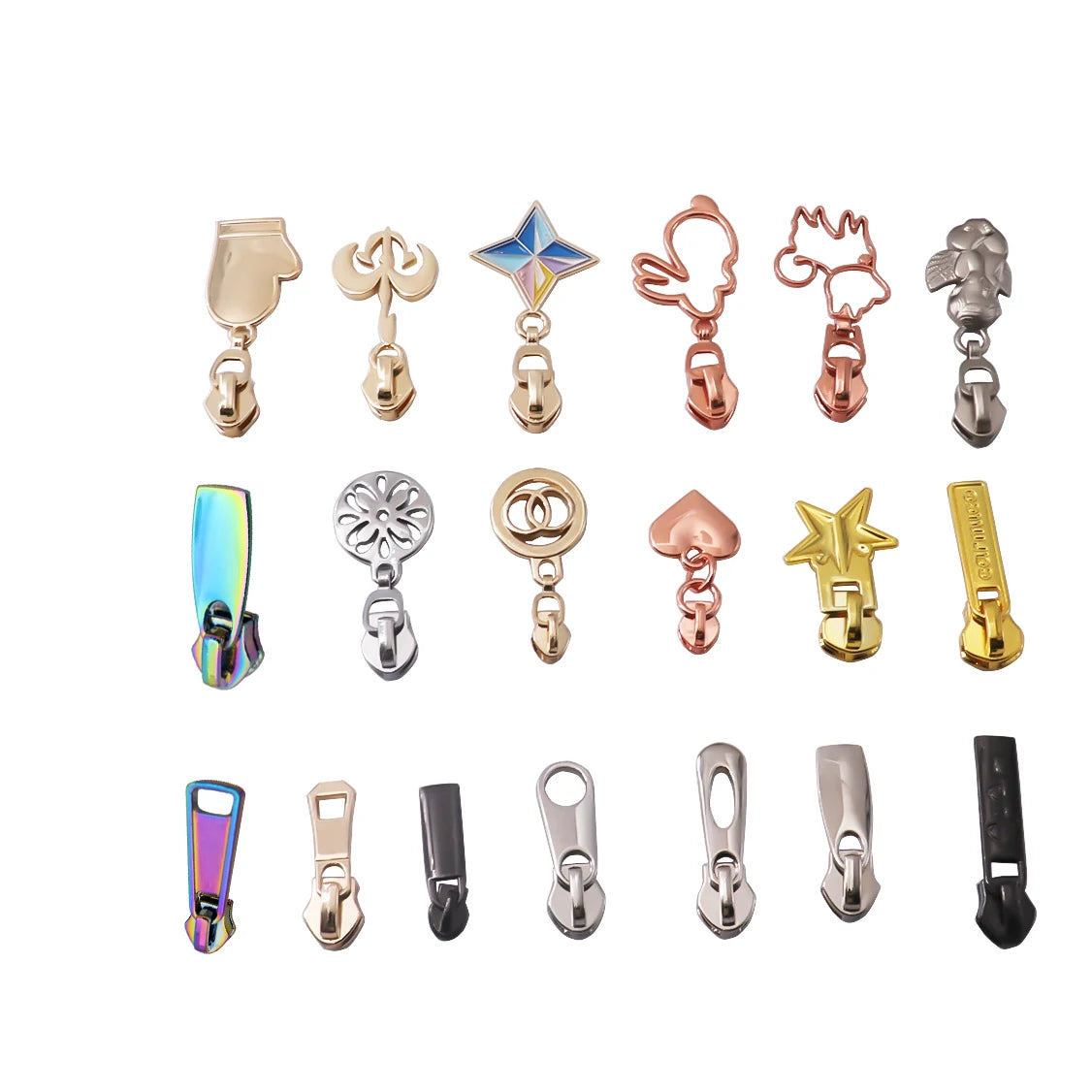 Various Style New Rainbow Color Colorful Metal Zipper Puller Customized Shape Logo Zipper Slider
