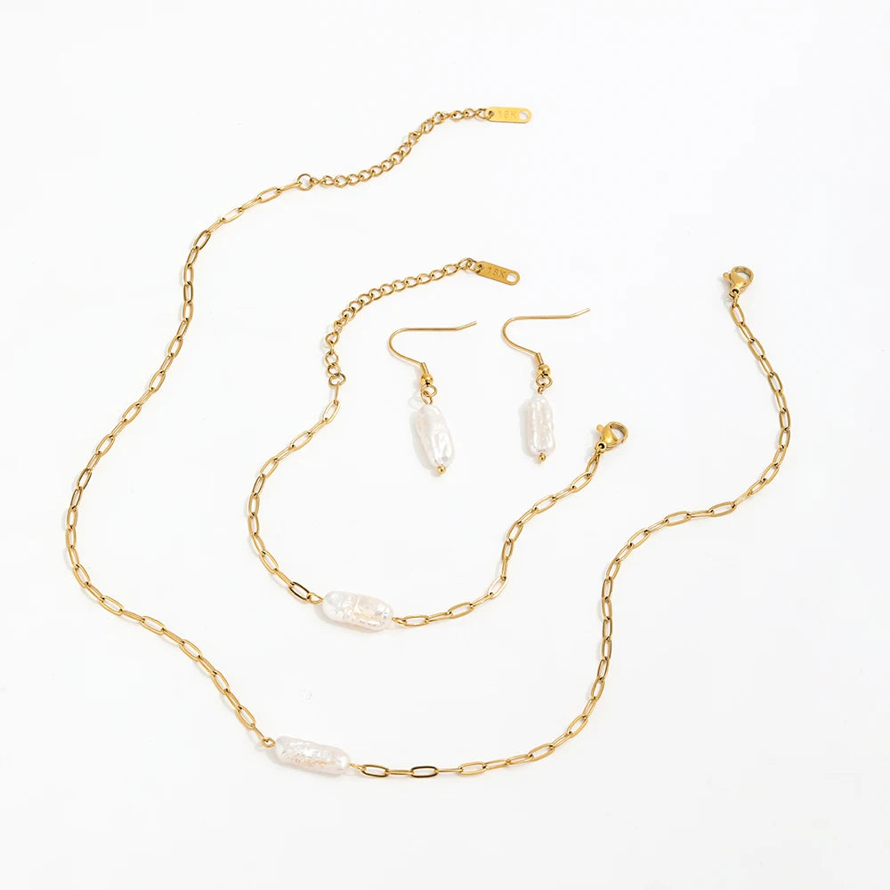 Joolim  18k Gold Plated Irregular Real Natural Freshwater Pearl Stainless Steel Paper Pin Necklace Bracelet Earring Jewelry Set