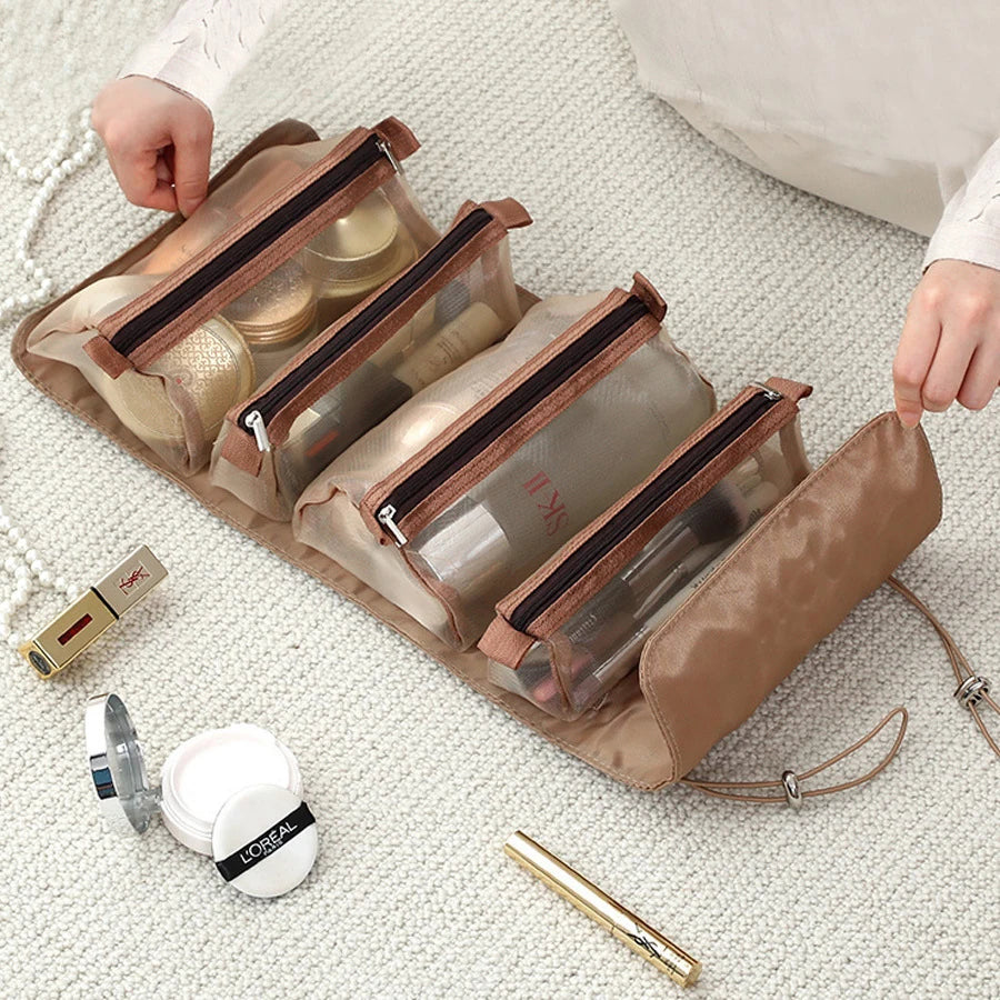 4PCS in 1 Fashionable Zipper Mesh Separable Nylon Makeup Bags Foldable Cosmetic Pouch for Women Rope Cosmetics Storage Solution